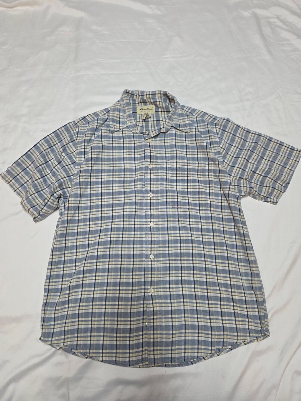 Eddie Bauer Blue and White Plaid Short-Sleeve Button-Down Shirt